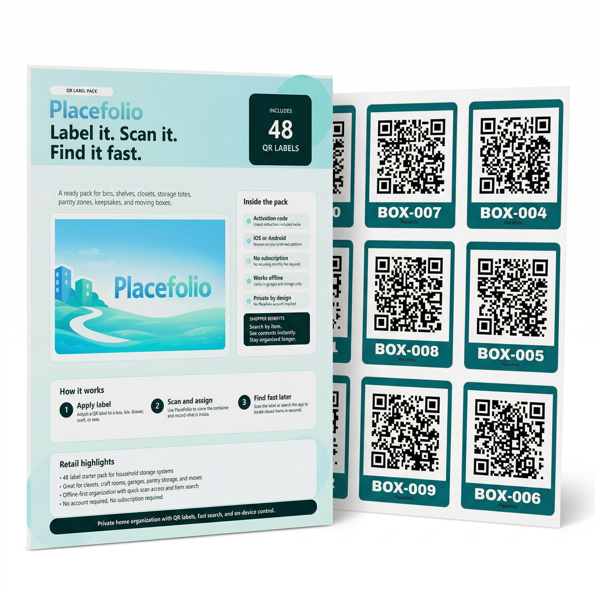 PlaceFolio QR Label Kit packaging with a preview of the included 48 QR labels